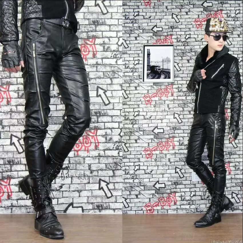 Tight Leather Pants Winter Personality Slim Leather Pants Men's Clothing Trousers / 28-36