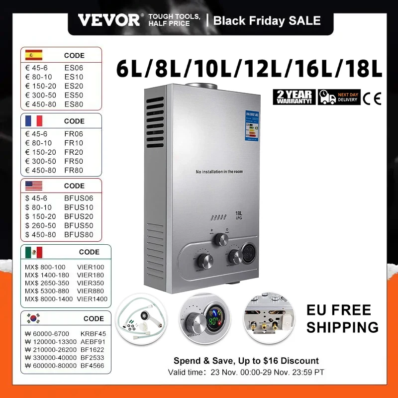 Scaldabagno A Gas Vevor Gpl 6L-18L Caldaia A Gas Propano Senza Serbatoio In Acciaio Inossidabile Con Kit Doccia Elettrodomestico Da Campeggio