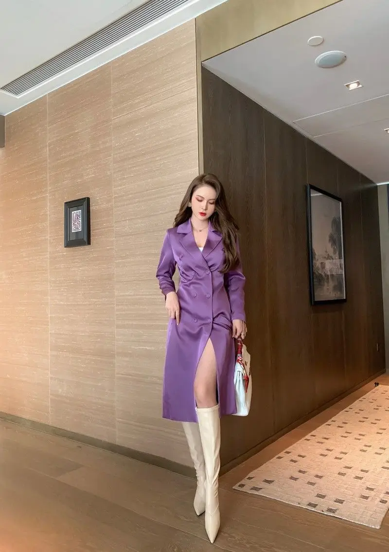 Women'S Spring And Autumn New Double Breasted Lace-Up Draped French Fashion Mid-Length Coat