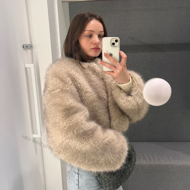 Chic Brand Icon Fashion Kendall Jenner Brown Gradient Faux Fur Jacket Women Winter New Luxury Cropped Fox Fur Coat