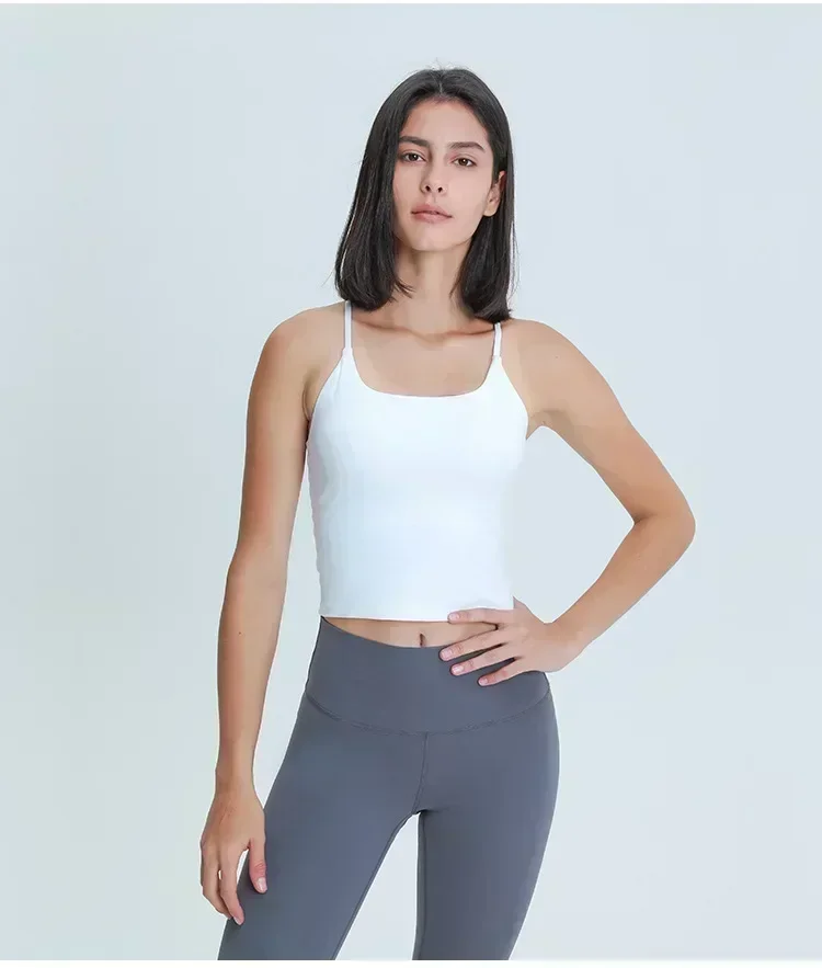 Lemon Women Gym Sport Crop Tank Top Sling Movable Y-line Sports Yoga Vest Summer Outdoor Jogging Fitness Vest Bra with Chest Pad