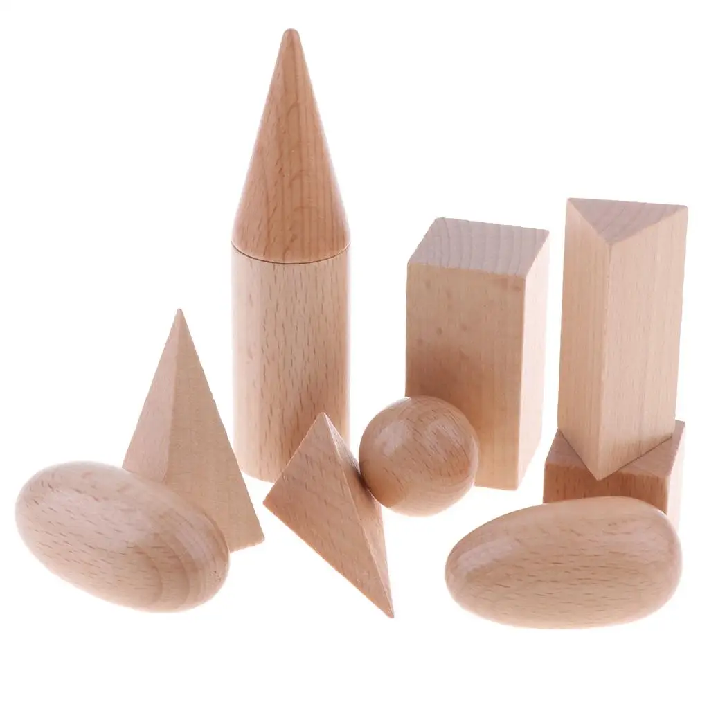 Wooden 3D Shapes Geometric Solid Blocks Preschool Learning Set of 10