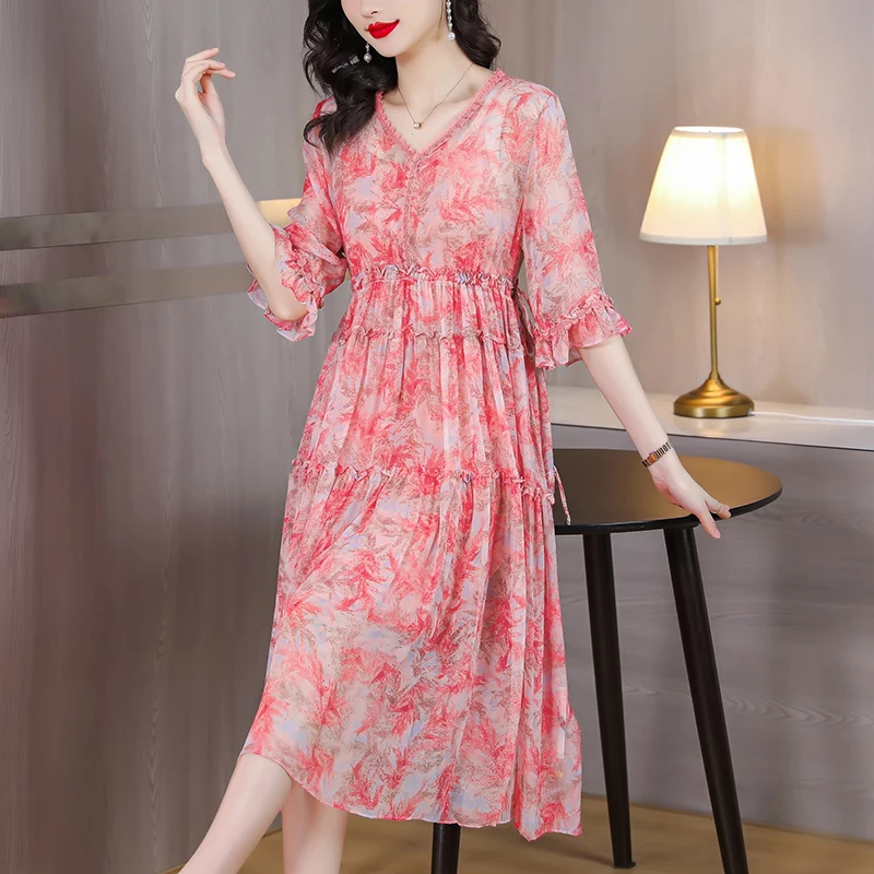 

2023 New Fashion Silk Printed Dress Women's Summer V-Neck Fragmented Flowers 5/4 Sleeve Loose Fit Casual Holiday Dress