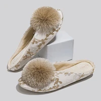 Satin Embroidery Flat Slippers Women Fashion Hairball Decoration Designer Shoes Cozy Lightweight Indoor Non-Slip Cotton Slippers - Image 4