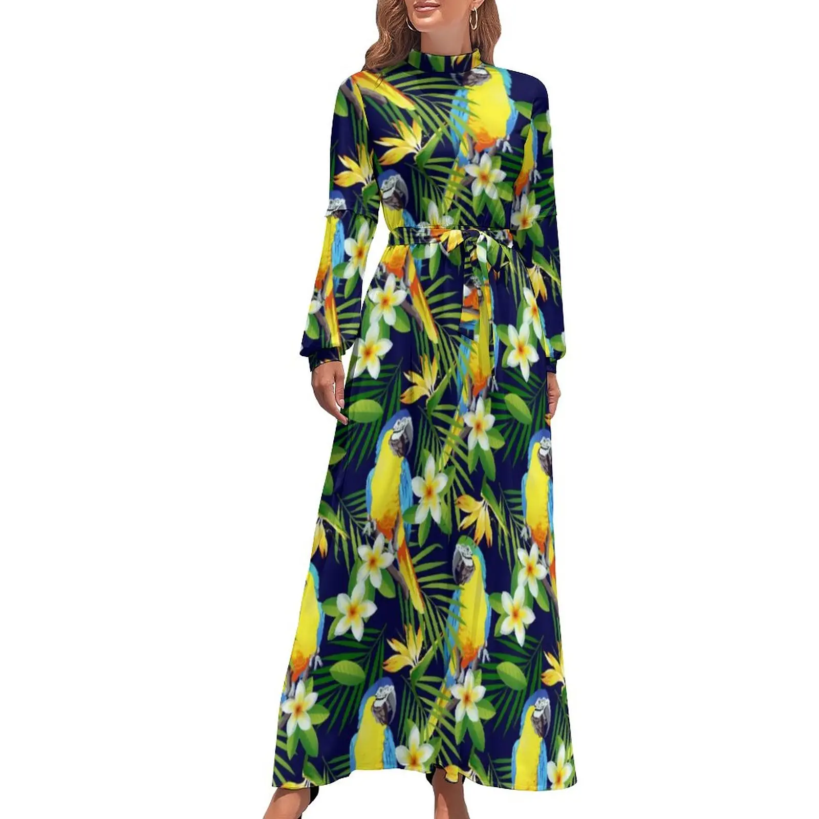 

Parrots And Hibiscus Dress Tropical Birds Print Sexy Maxi Dress Aesthetic Beach Long Dresses High Neck Graphic Clothing