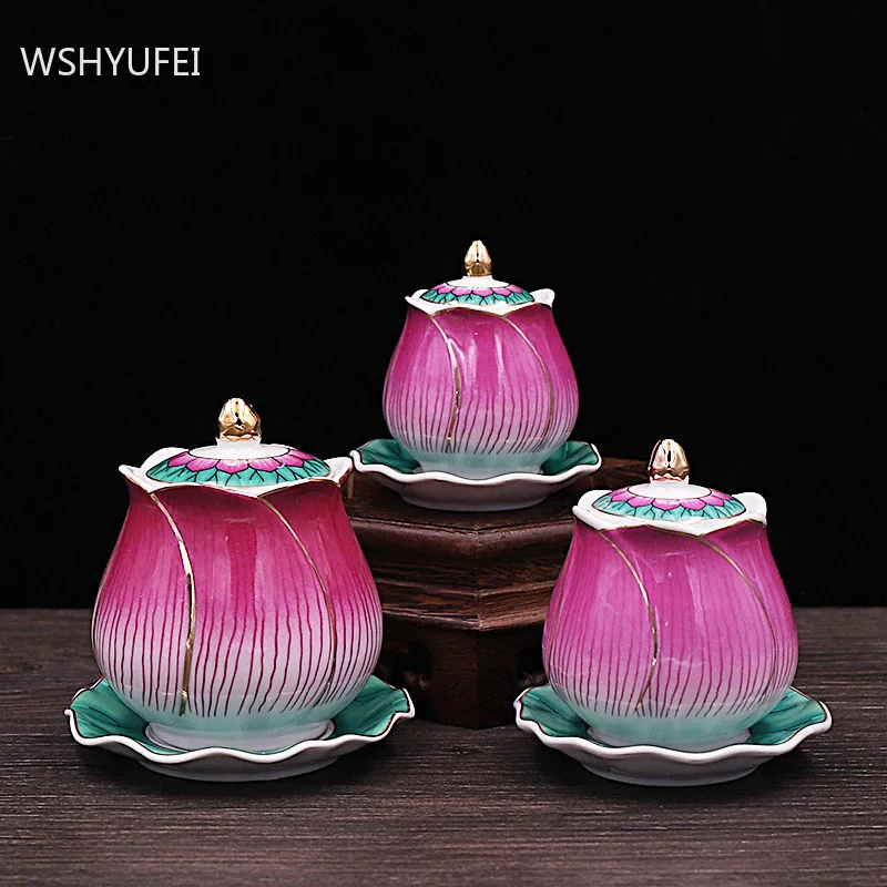 Tradition Ceramic Lotus Water Cup Home Fengshui Tribute Cup Guanyin