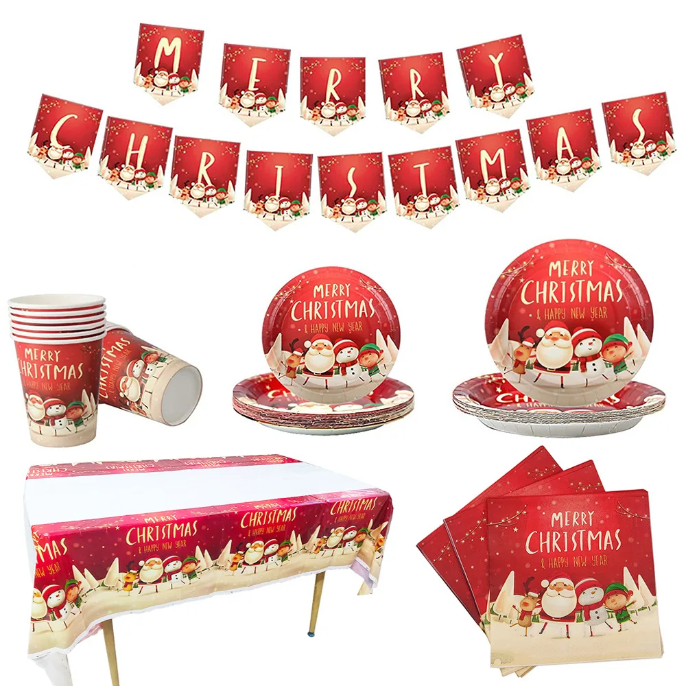 

Christmas New Year Party Layout Supplies Paper Cup Paper Pallet Tableware Tablecloth Hanging Flag Decoration Set For Home Pa