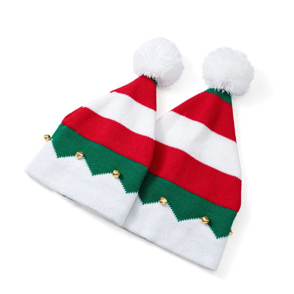 Adult Kids Knitted Christmas Hats Women Men Boy Girl Red Green White Stripe Parent-Child Beanie Pompom Hat Merry Christmas Gifts