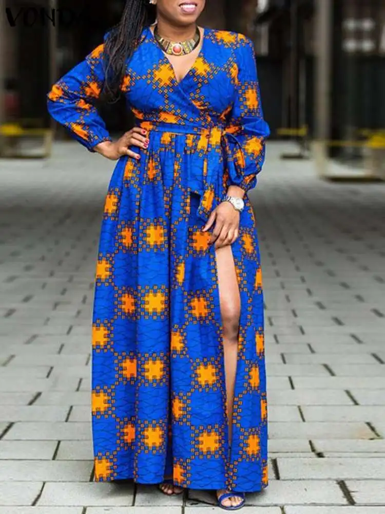 Plus Size 5XL VONDA Women Autumn Maxi Dress 2023 Elegant Long Sleeve Printed Party Sundress Bohemian Slit Casual Robe Belted