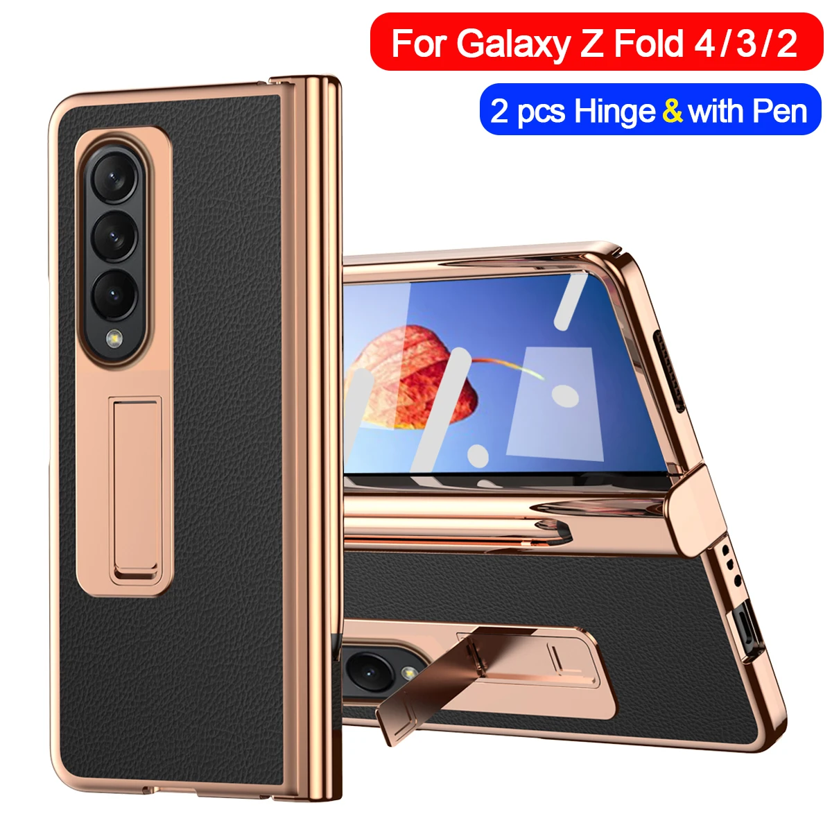 

Z Fold 4 With Touch Pen 2 Pcs Hinge Case for Samsung Galaxy Z Fold 4 3 2 5G Plating Pen Slot Front Screen Glass Stand Cover