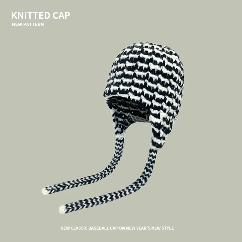 

Winter Hat Women Knitted Stripe Warm Ear Protection Cap Outdoor Cute Bomber Pilot Hat Autumn Cool Personality Street Y2k Hat
