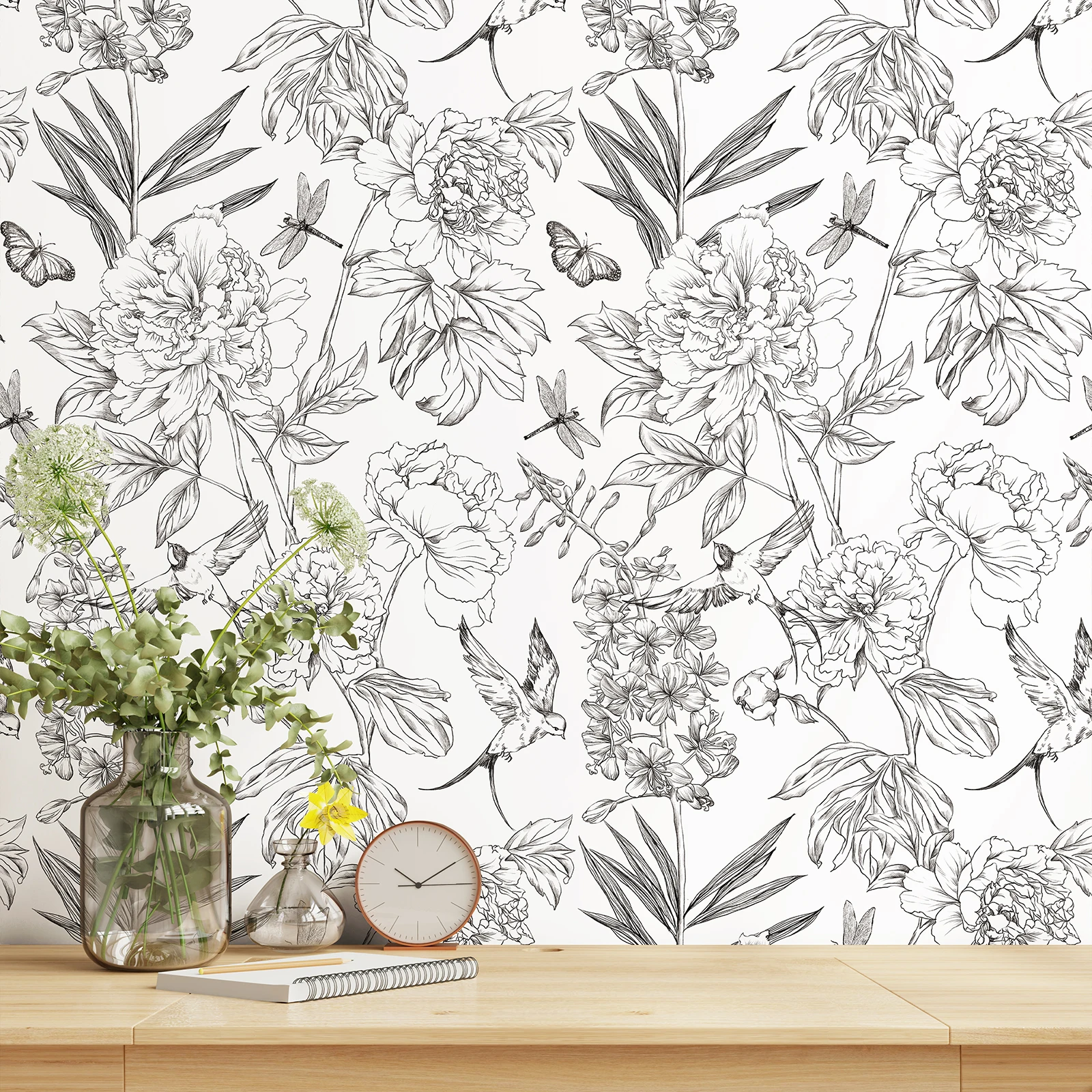 

White Sketch Floral Wallpaper Classic Peel And Stick Flower Home Furniture Cabinet Sticker Grey Waterproof PVC Wall Decor