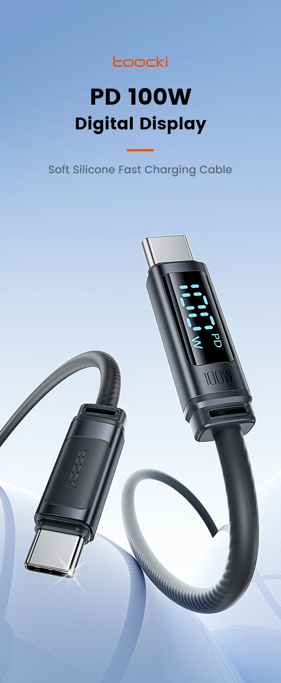 Toocki PD 100W USB-C zu USB-C Kabel 60W Typ-C zu Typ-C mit Digitalanzeige Weiches Silikonkabel Schnelles Laden für iPhone 17 Samsung – Detail 1