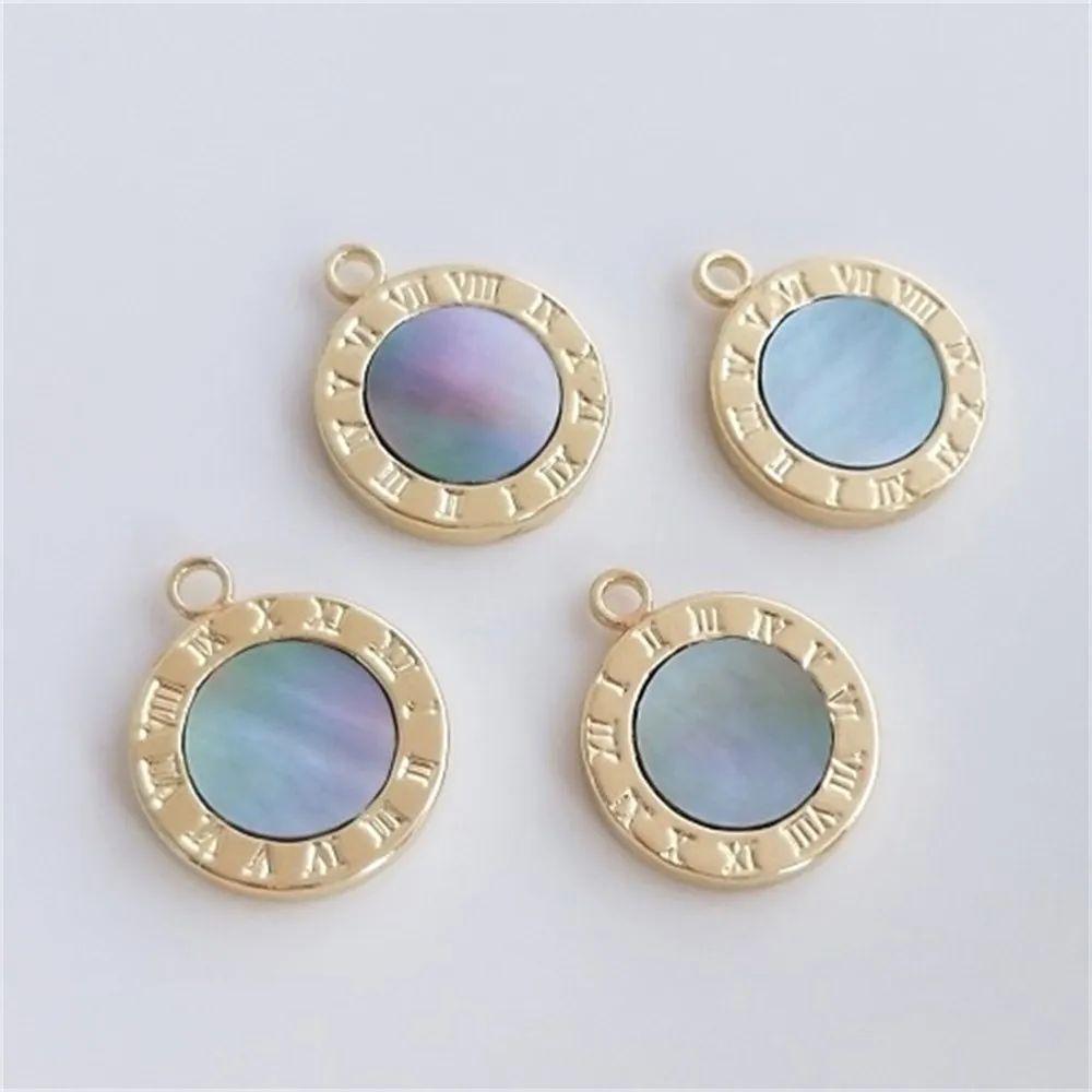 

Inlaid Natural Gray Colored Mother Shell 14K Gold Roman Digital Disc Pendant DIY Bracelet Necklace Charms Pendant K412