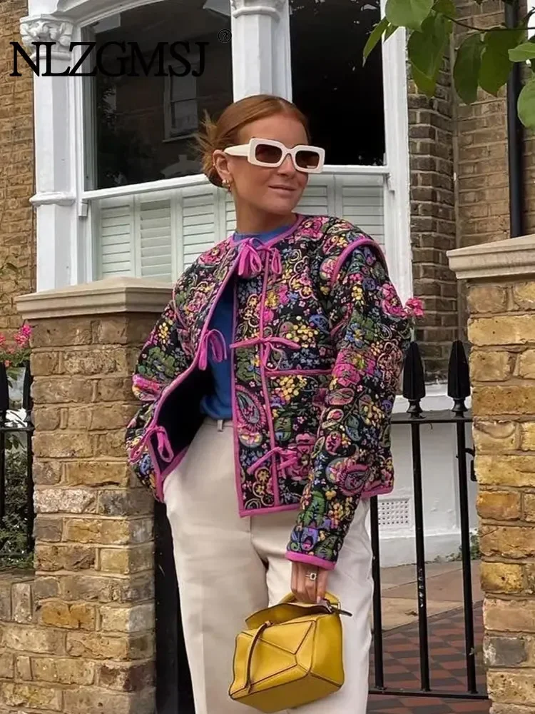 

Женская парка с карманами Nlzgmsj TRAF 2023, хлопковая куртка с цветочным принтом, пальто на шнуровке, винтажные осенне-зимние повседневные свободные Теплые Топы