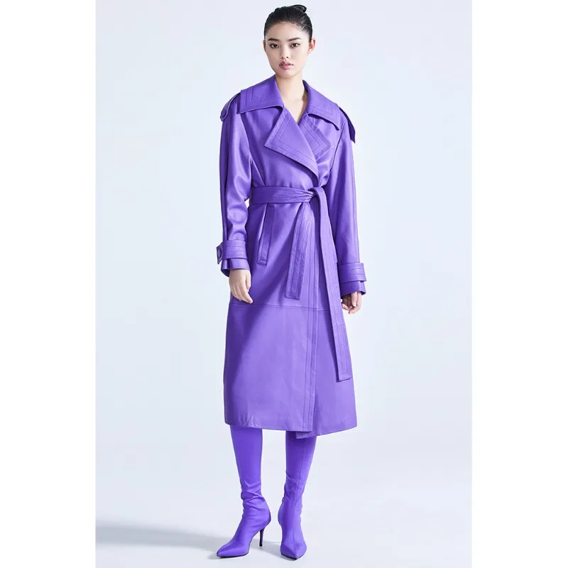 

2023 New Faux Leather Trench Coat for Women Spring Autumn Long Luxury Elegant Jacket Sashes Runway Designer Fashion Overcoat