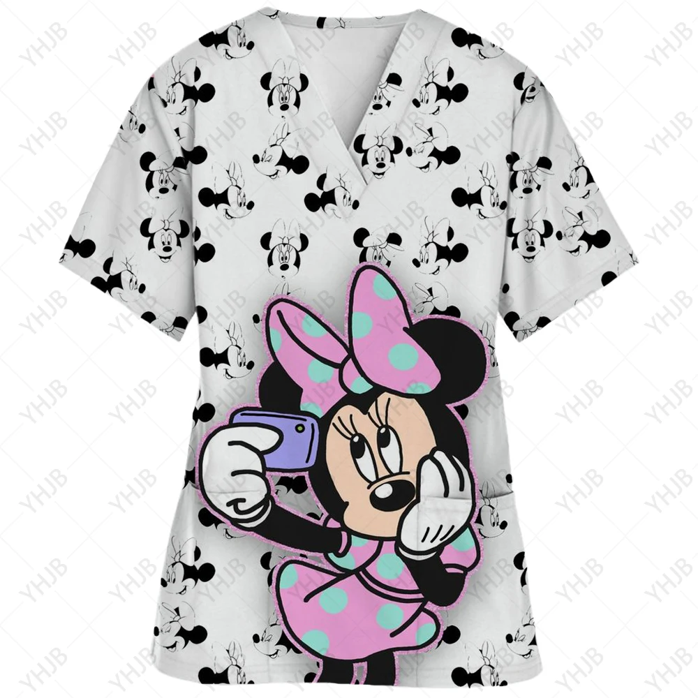Disney Minnie Mickey Mouse Print Working Uniform Women Short-sleeved V-neck nurse top nurse Work Wear Medical Blouse