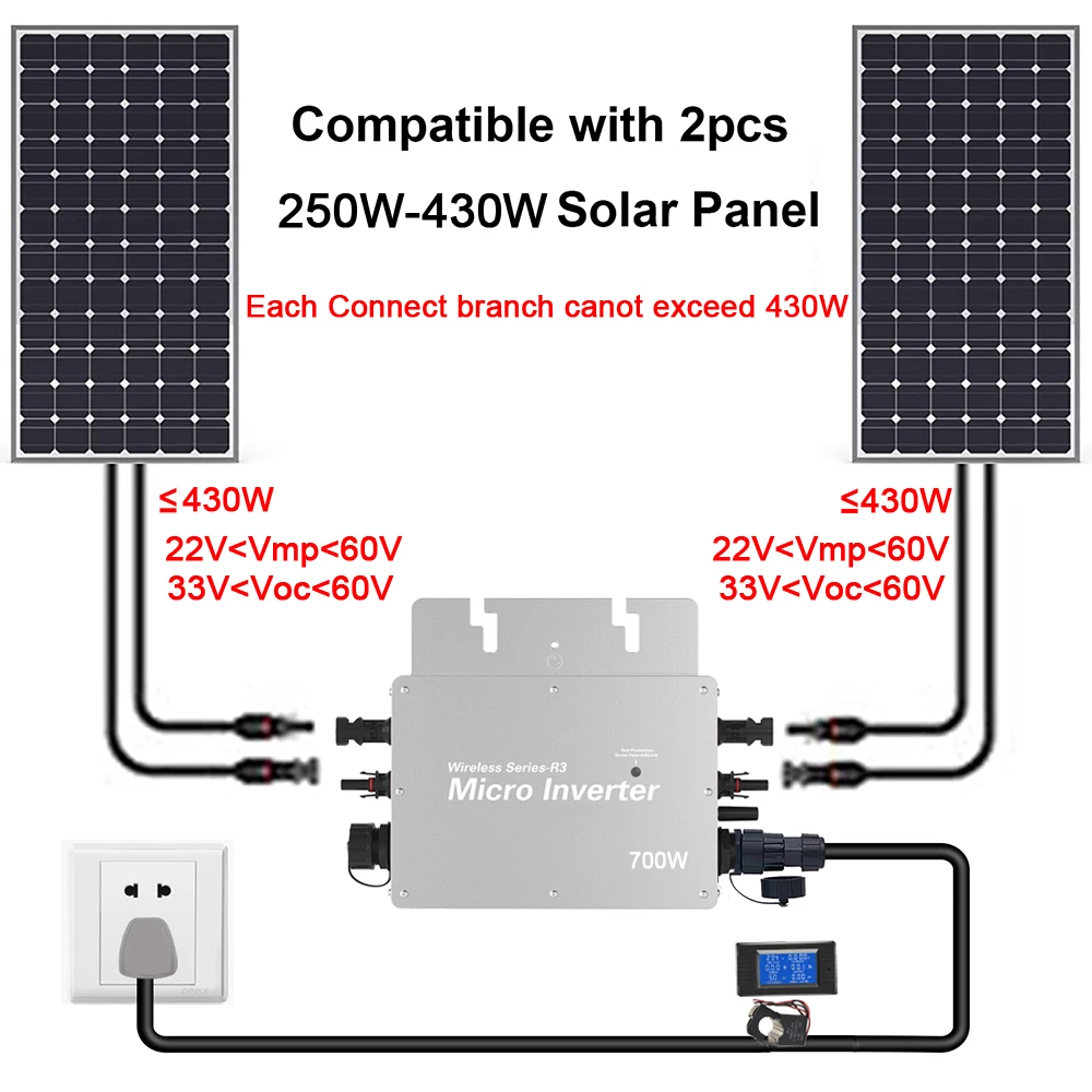 Micro Solar Grid Tie Inverter PV 22~60V AC 110V/230V 600W/700W/800W with WIFI Monitor EU Plug
