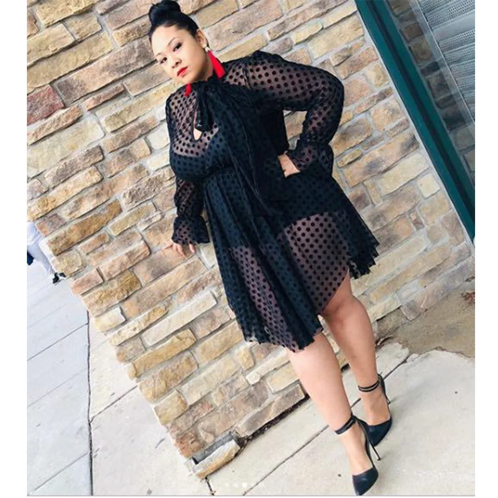Plus Size Elegant Women Dress Dot Mesh Club Two Piece Outfit Fashion Casual Luxury Gown 2023 Summer Trendy Evening Party Dress
