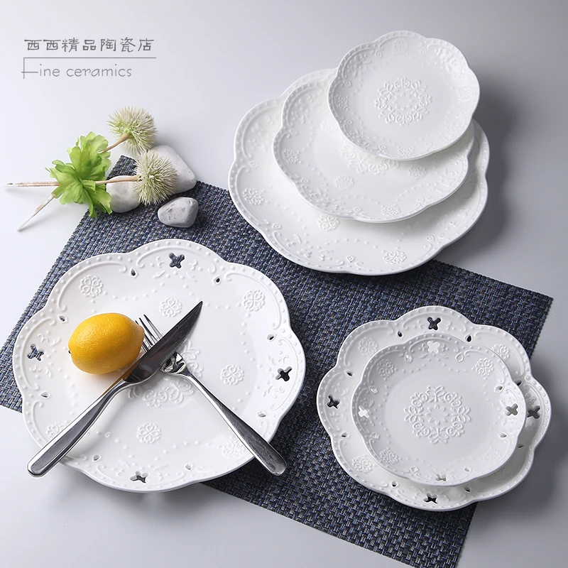 3pcs set, 6+8+10inch, white embossed porcelain cake plate, butterfly design, service the table, dinner plate sets, dinnerware