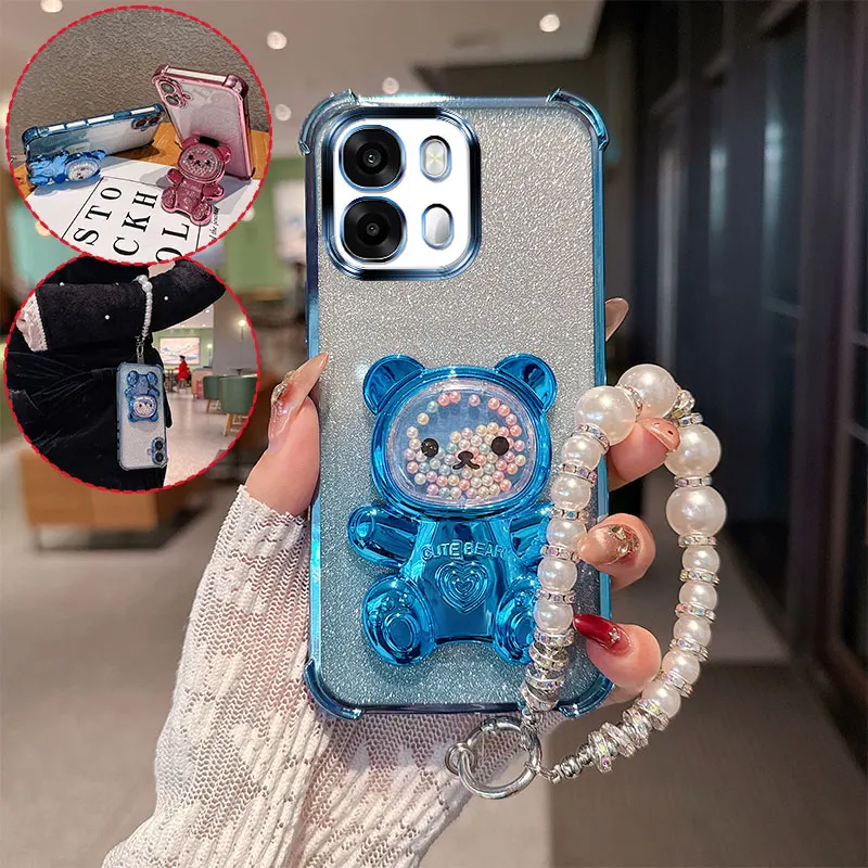 Cute Bear Cartoon Glitter Phone Case with Pearl Lanyard Strap - Shockproof and Stylish