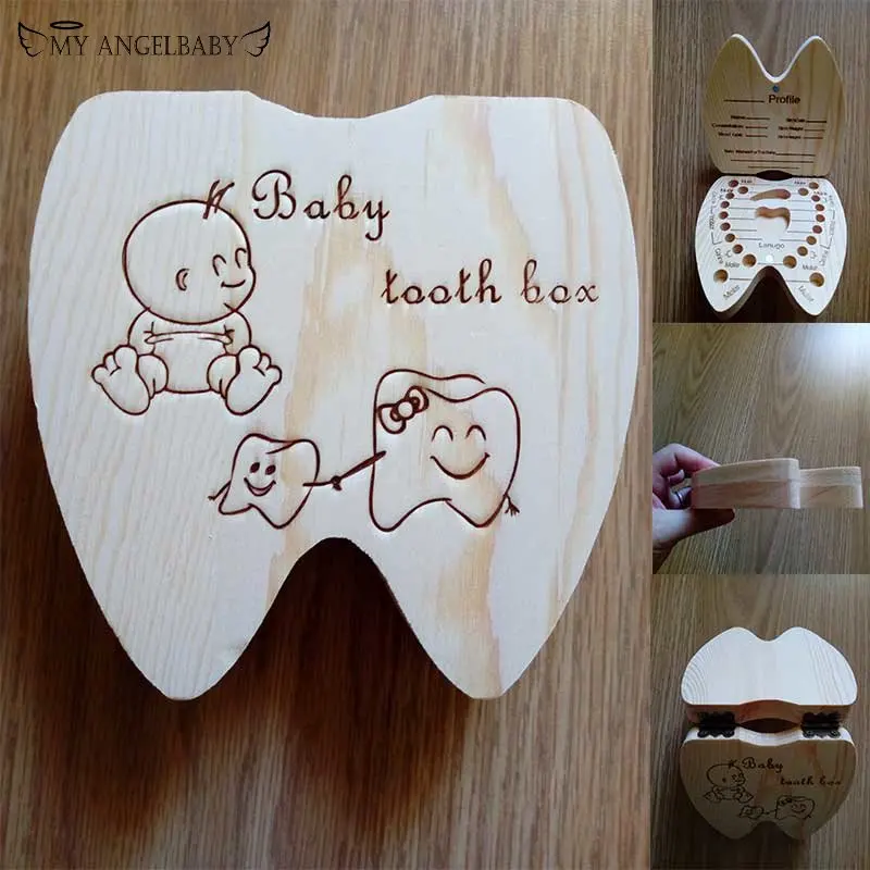 

Wooden Baby Tooth Box English /Spanish /Portuguese Milk Teeth Umbilical Organizer Storage Boys Girls Souvenir Case Baby Gifts