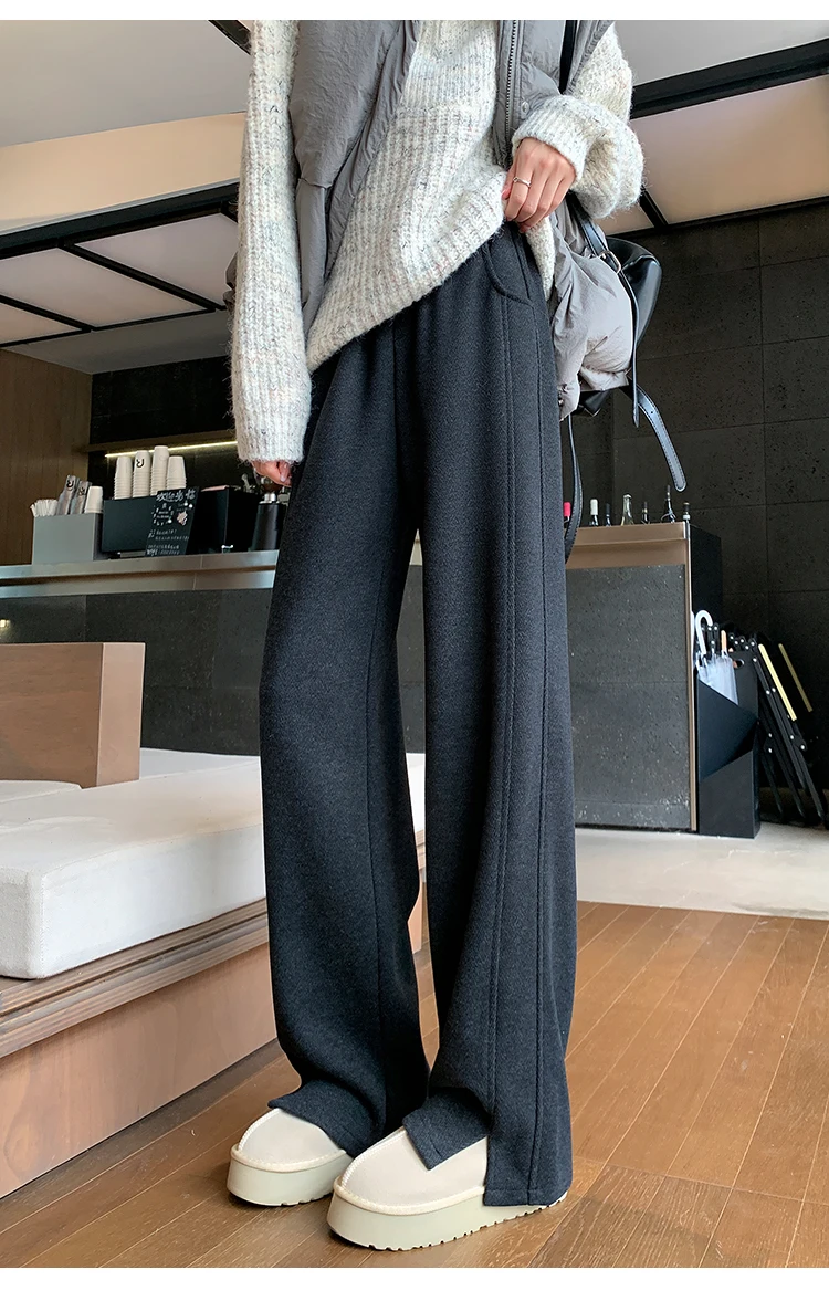 High Street Casual Gerade Lose Chic Split Frauen Hosen Herbst Winter Klassische Feste Farbe Mode Einfache Weibliche Breite Bein Hosen – Detail 17