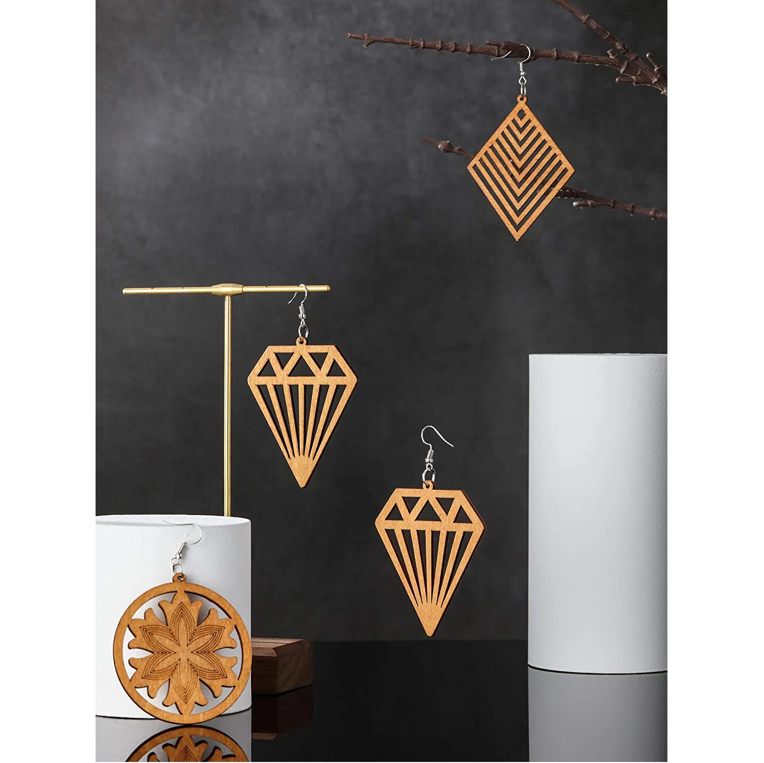 12 Pairs Vintage Water Drop Hollow Charms Carving Dangly Different Shapes Wood Earrings Bohemian Style Fall Winter Ear Ornaments 5