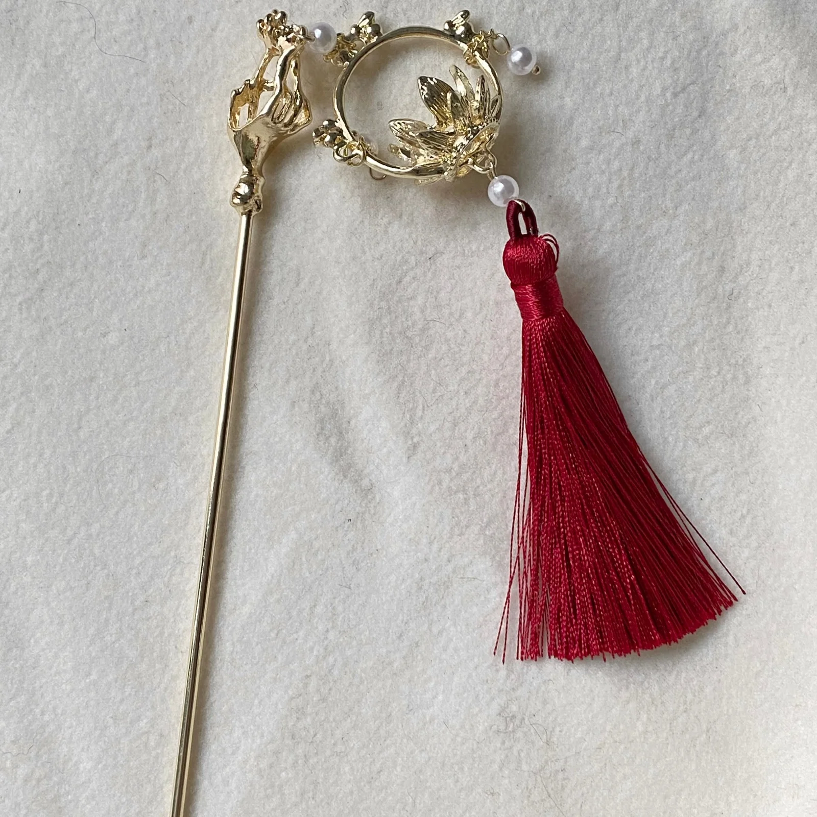 1PC Chinese New Year Hair Pin Set,Gold Pearl Red Tassel Hair Accessories,Traditional Oriental Hair Ornaments, Festive CNY Hanfu