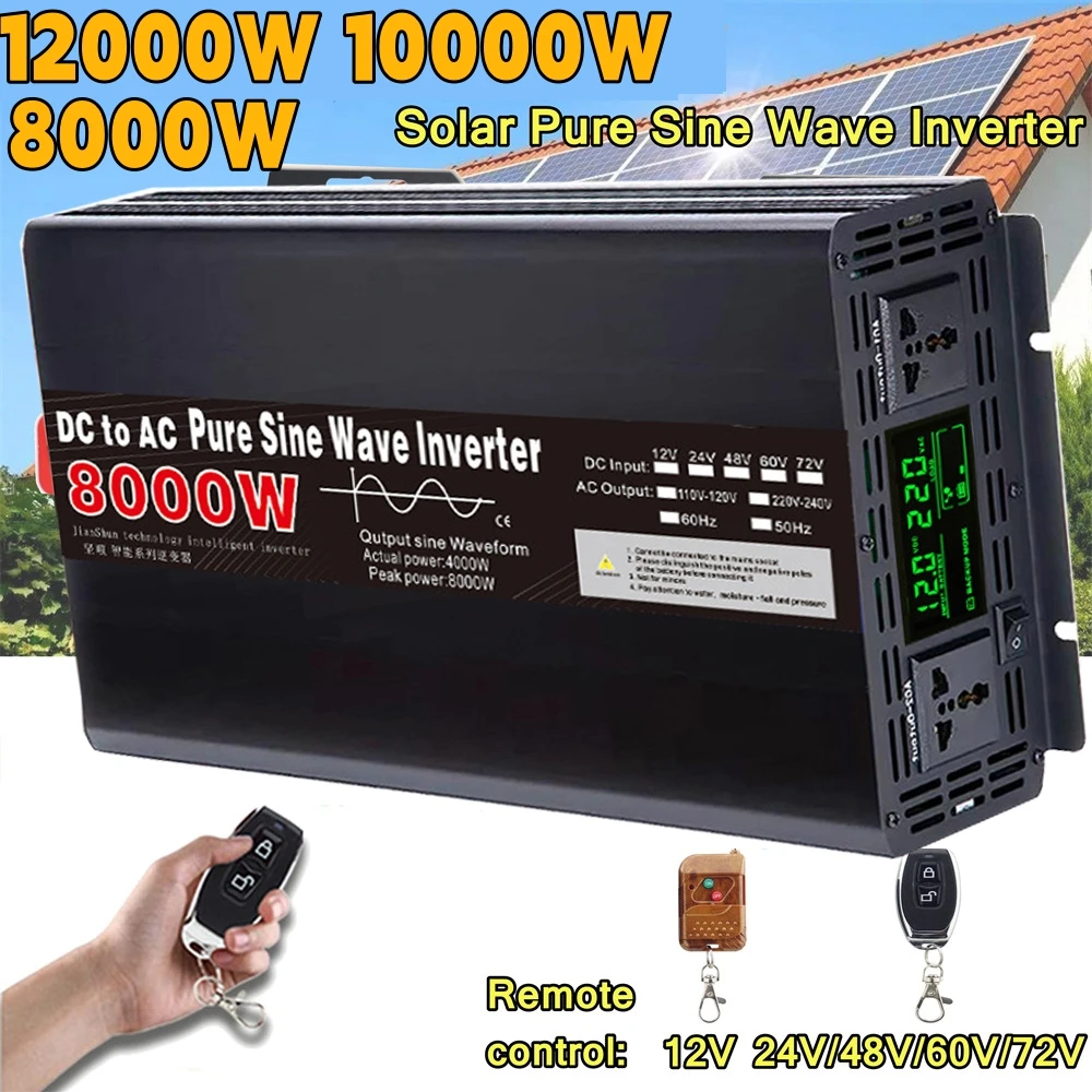

10000/12000W Power Pure Sine Wave 24V/48V To AC 230V 220V 120V 110V 50/60HZ Converter Solar Car Inverters Intelligent Display