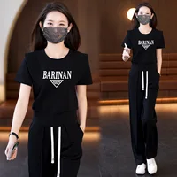 Ensemble deux pièces décontracté pour femme, col rond, manches courtes, pantalon droit, polyvalent, rajeunissant, sport, été, nouveau, 2024 2