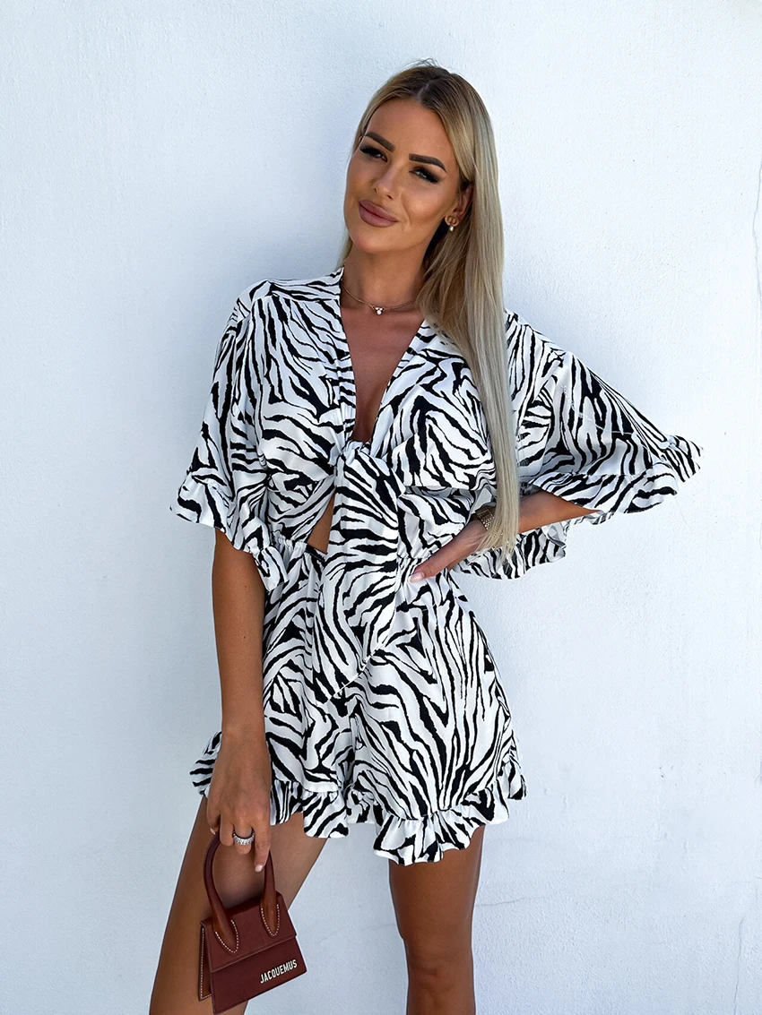 Marthaqiqi Striped Women'S Pajamas Half Sleeve Sleepwear Sexy V-Neck Nightwear Lace Up Nightgowns Femme Jumpsuit Nightie