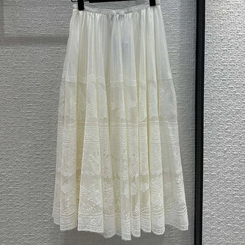 

Elegant Embroidery Hollow Out Lace Skirt High Waist Side Zipper A-line Long Skirts 2023 Holiday Party Women Clothes Black White