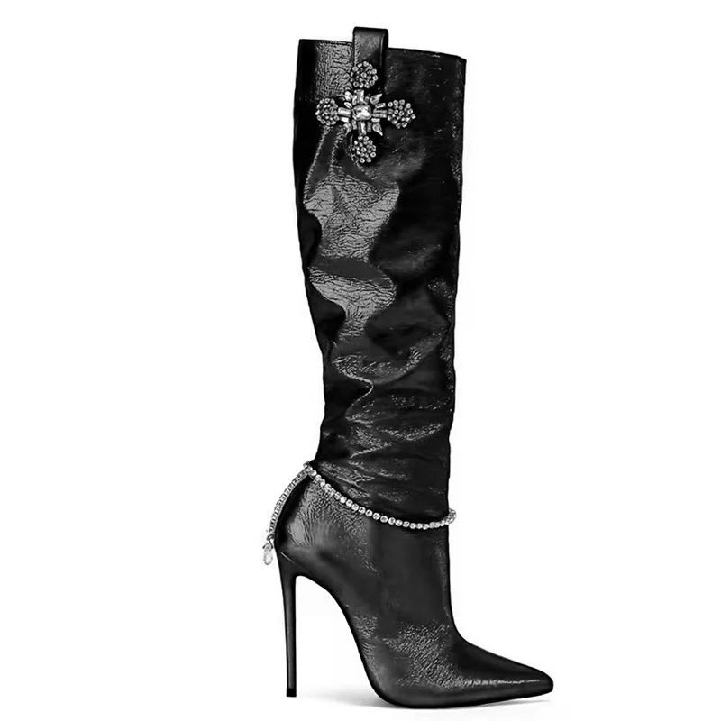 

Luxury Rhinestone Wrapped Cross Crystal Decorative Boots Retro Pointed Thin Heel Large Size Sexy High Heel Women's Boots 34&43