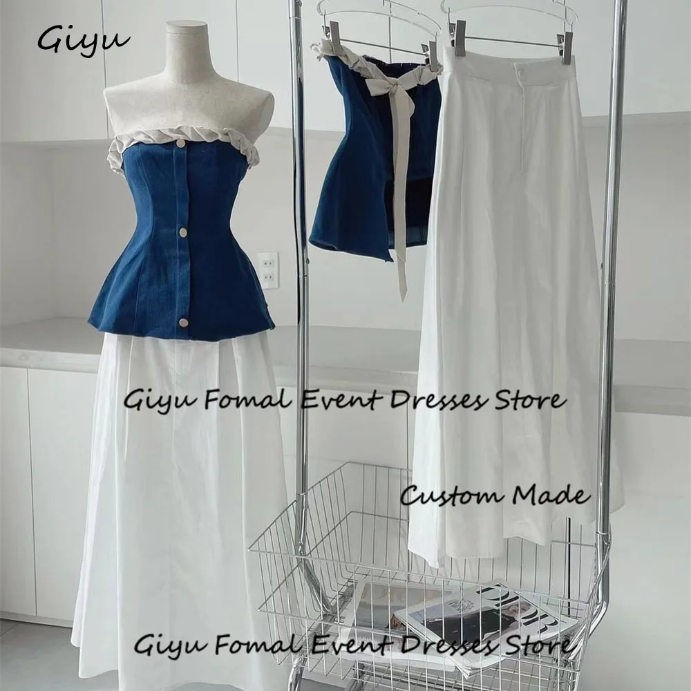 

Giyu Simple Two Piece Set Summer Dress Strapless Button Floor-Length Backless Wedding Party Dress Evening Gown Dress