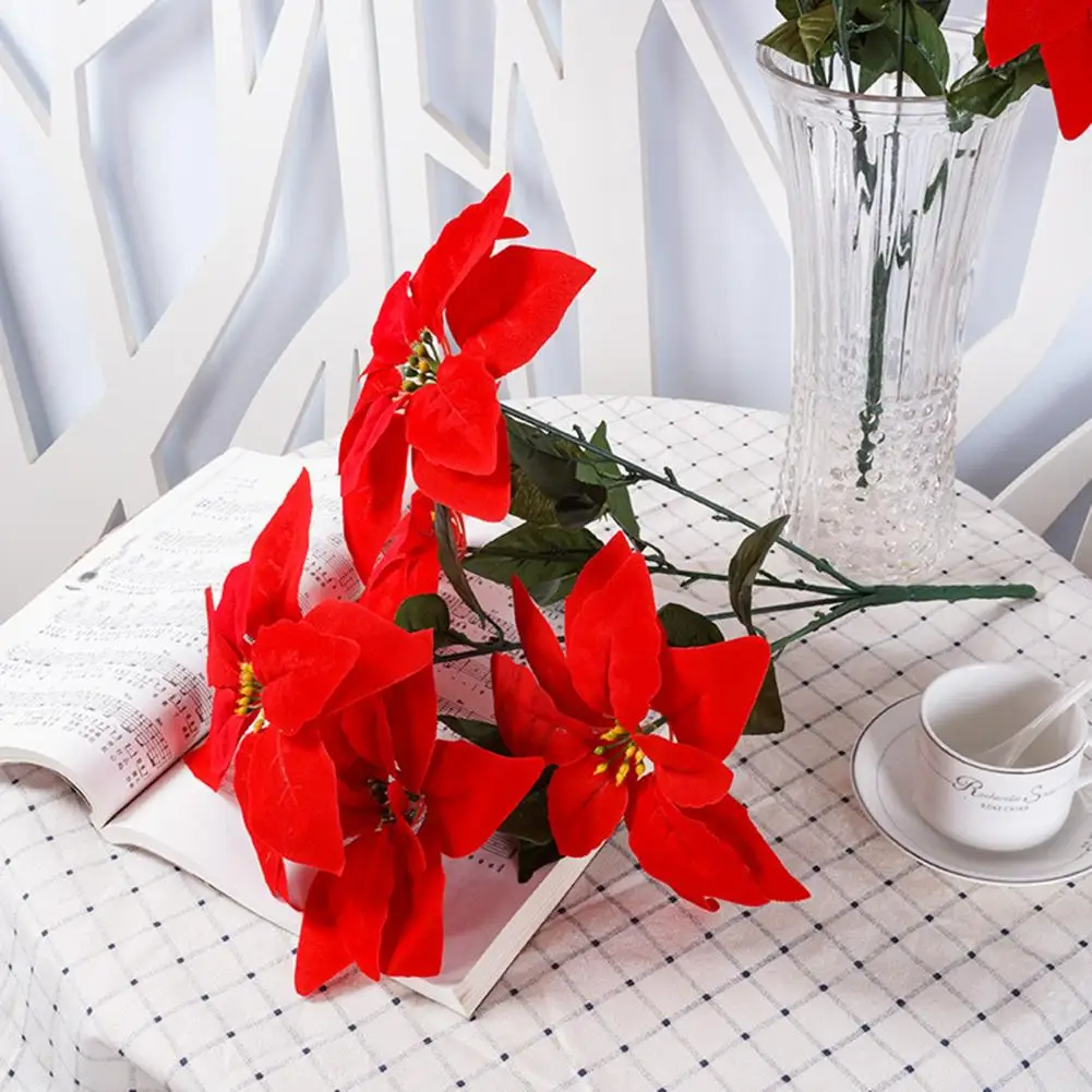 

Faux Silk Flowers Realistic Christmas Poinsettia Flower Branches 5-pack Faux Floral Decor for Home Wedding Party Green Leaves