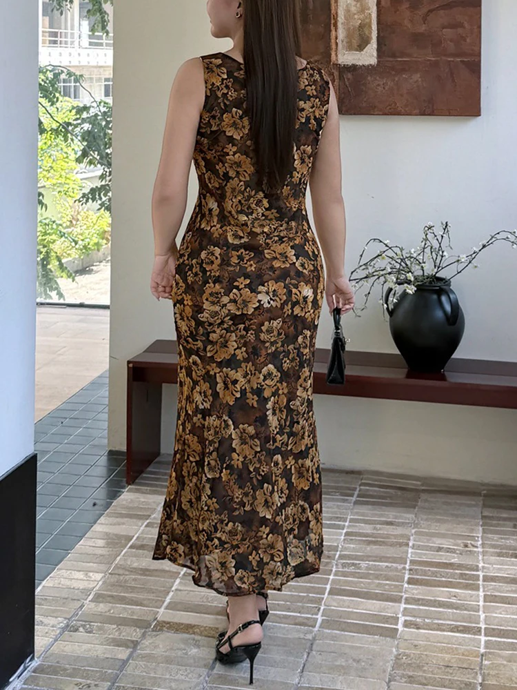 Plus Size Women's Mermaid Dresses Premium Sexy Spicy Girl Style Golden Yellow Floral Print With Ribbon V-Neck Diagonal Cut