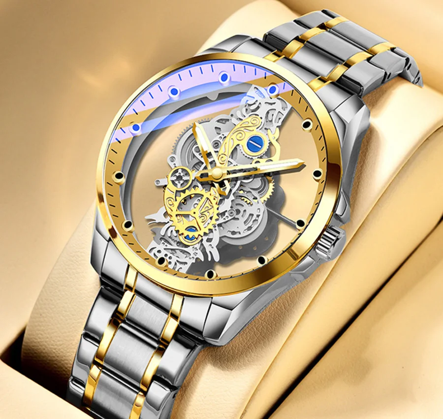 

New Trend Automatic Men's Watch Brand Gift Hollow-out Waterproof Luminous Hand Clock Male Stainless Steel Quartz Wristwatch