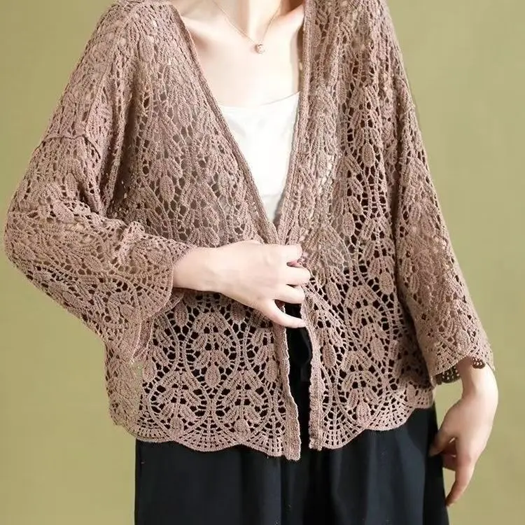 Spring Summer Women's Thin Hollow Knit Cardigan Korean Fashion Top Short Loose Air-conditioned Sunscreen Shirt Grace New