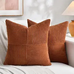 Teal & Orange Boho Corduroy Striped Decorative Pillow Covers - Modern Farmhouse Patchwork Design, 18x18 Inch - 50x50CM 1Pcs (Rust)