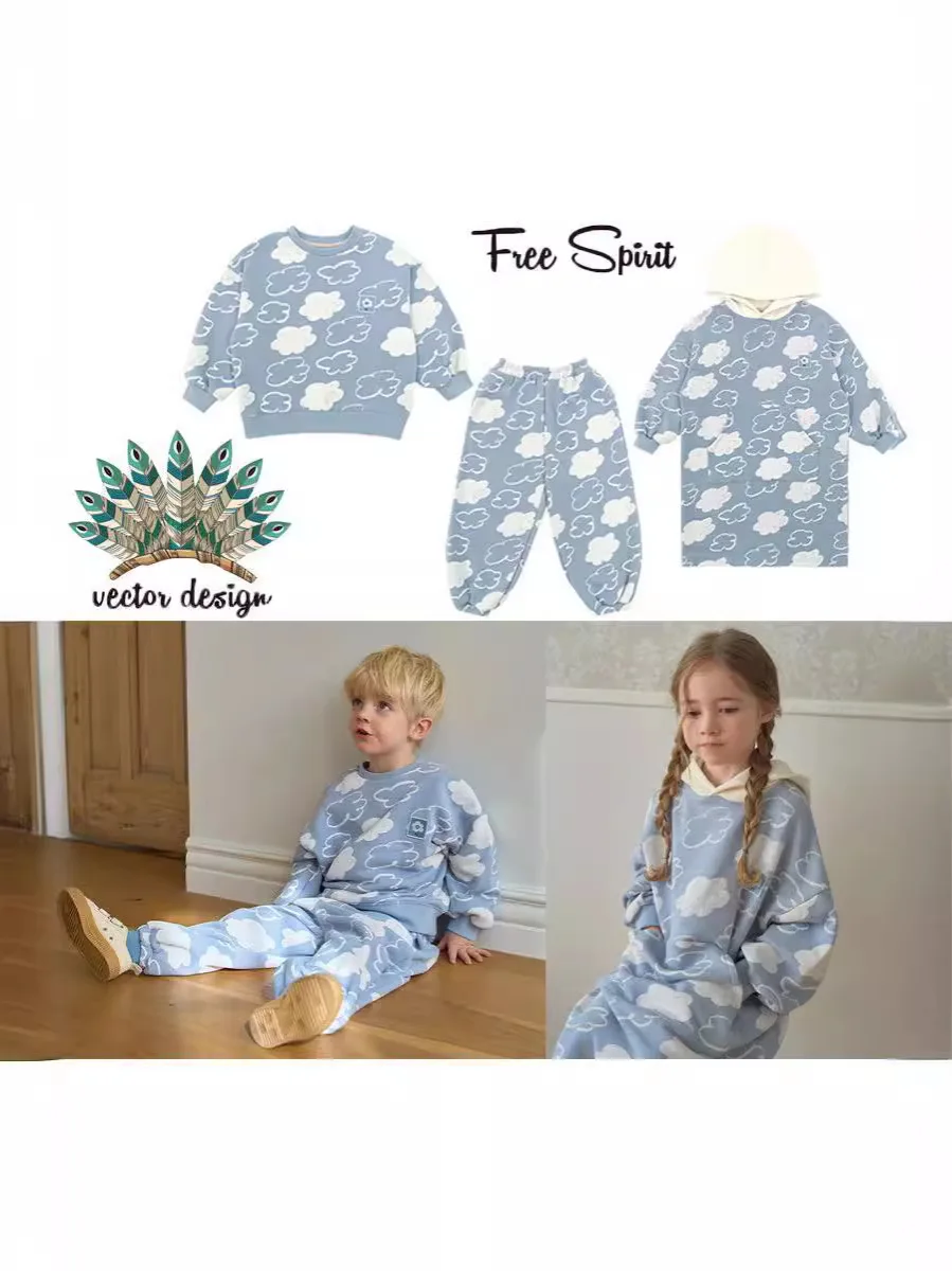 

Jenny&Dave Pre sale boys and girls set for spring 2024, new Nordic version trendy casual cloud full print dress set for children