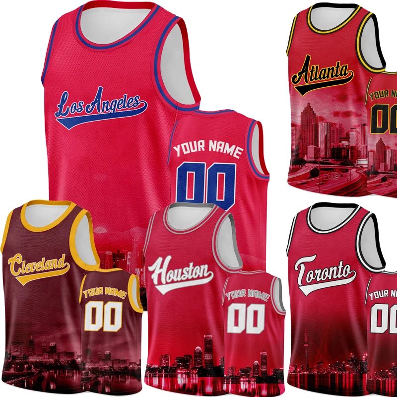 RedHoustonJerseyBasketballPersonalizedMenTshirtCustomTopLos