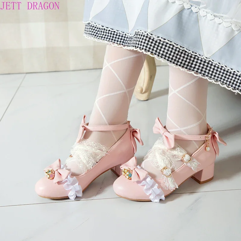 

Spring Lolita Pink Mary Janes Women High Heels Shoes Sweet Bowknot Ruffles Lace Dress Party Wedding Shoes Bridal Princess