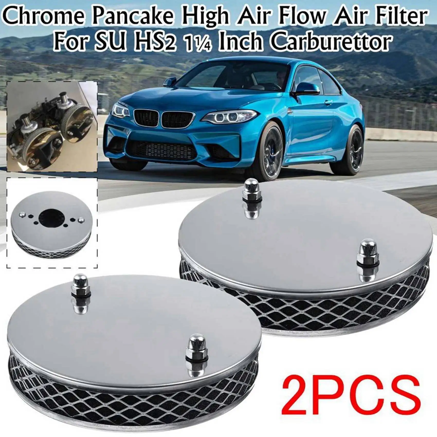 2PCS Car Chrome Pancake High Air Flow Air Filter for All 1.25 Inch SU HS2 Carburettors 14X3cm