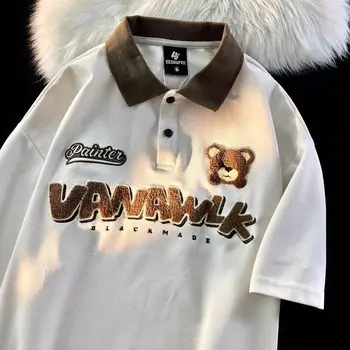 American retro cute little bear polo shirt short sleeved men and women summer trend couple loose half sleeved T-shirt top y2k