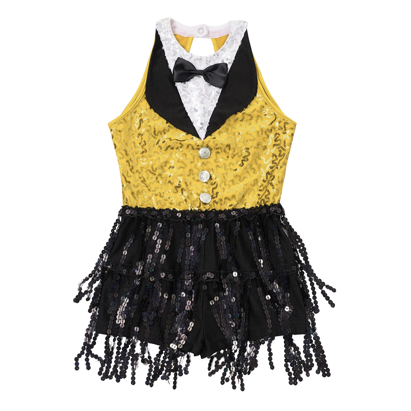 Kids Girls Latin Jazz Dance Dress Sleeveless Shiny Sequin Tassel Boyshorts Leotard Dancewear for Cha-cha Samba Stage Performance