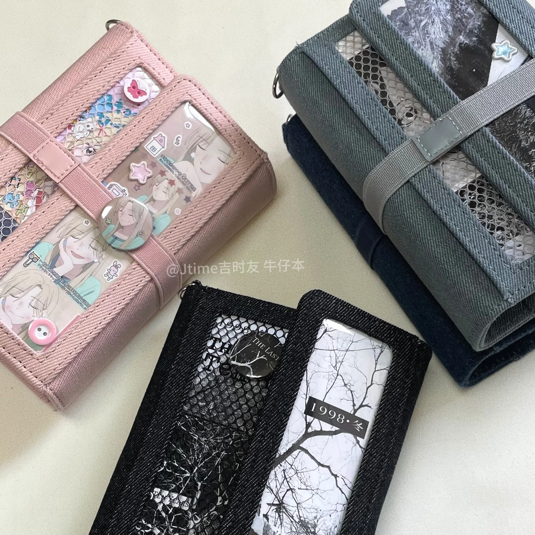 빈티지 데님 라이프 4-사진 카드 홀더 책, 조절 가능한 스트랩, 청바지 노트 A7 루스 리프 저널 소녀 학생 일기 다이어리