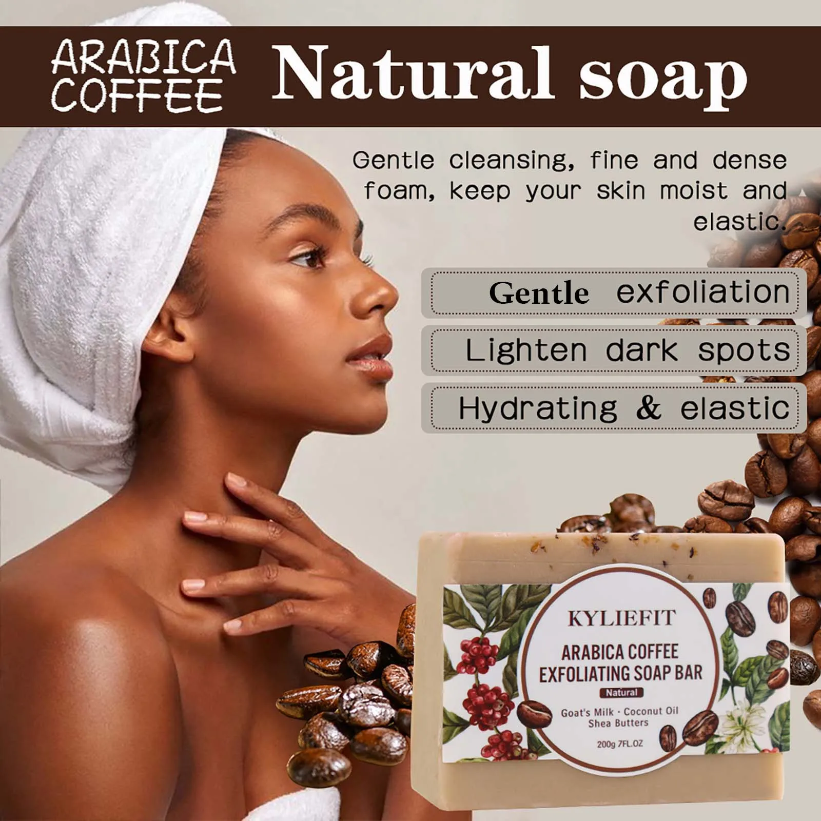 KYLIEFIT Arabica Coffee Exfoliating Soap, Whitening, Reduce Spots, Smooth Skin, With Coconut Oil, Shea Butter, for Face, Body