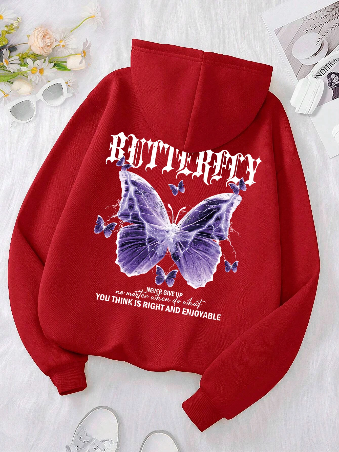 Beautiful Purple Butterfly Printing Hoodies Women Fleece