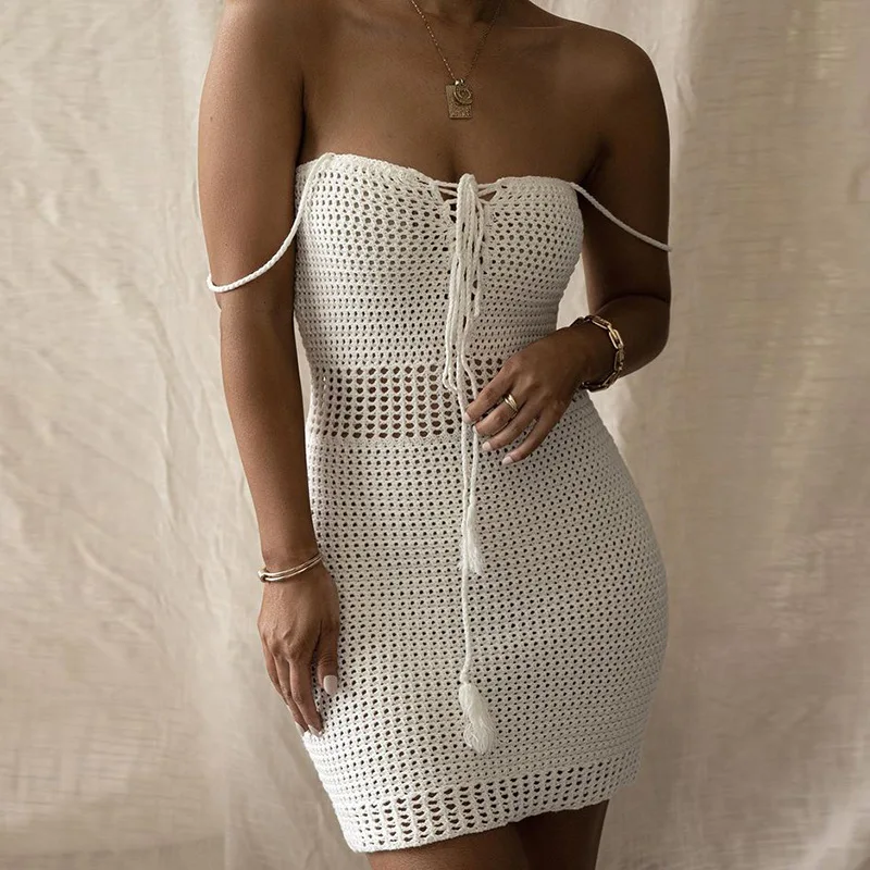 

Sexy Beachwear Women Knit Sling Dress Spaghetti Straps Lacing Hollowed Solid Slim Fit Summer Mini Dress Skin Friendly Streetwear